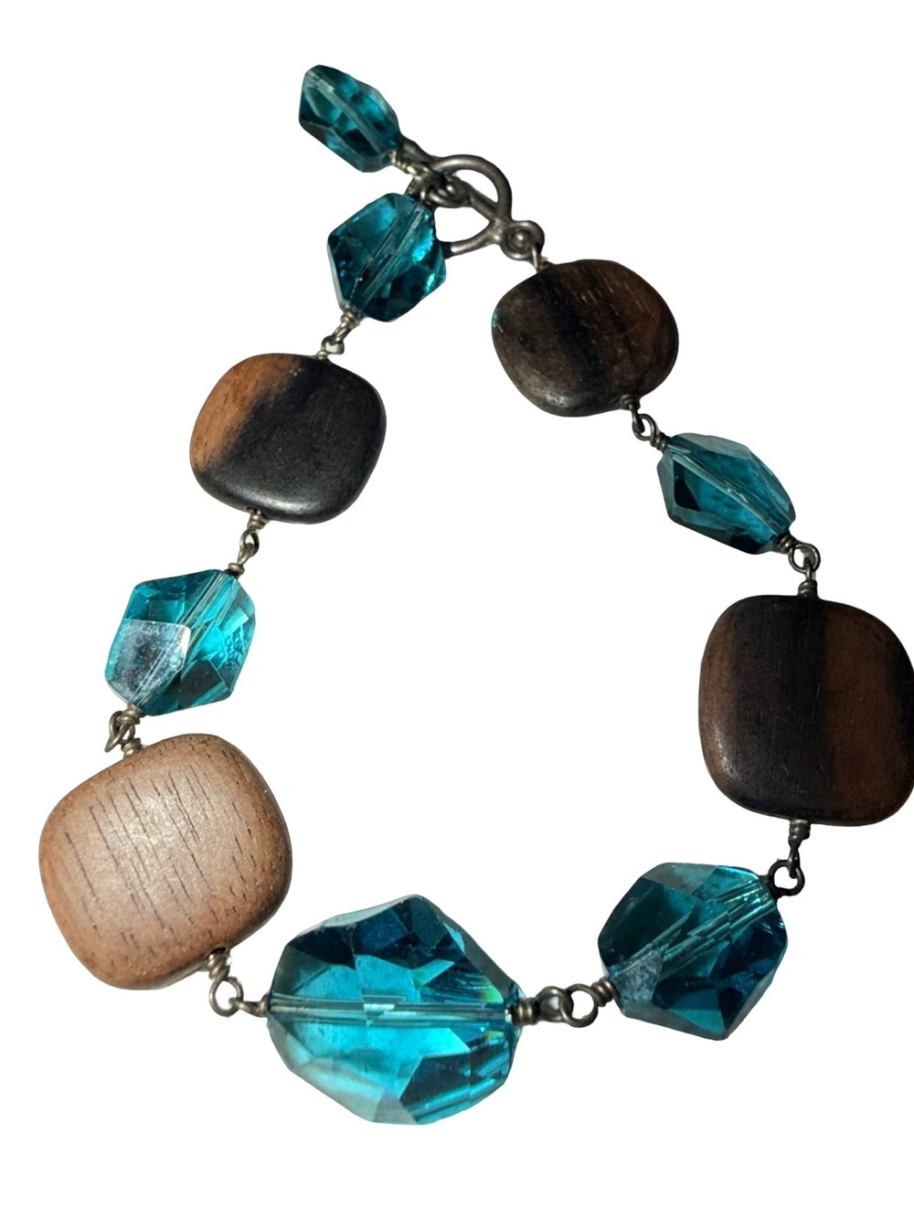 Stunning London faceted Blue Topaz  and exotic wood Bracelet 7 in